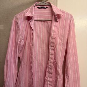Zara Pink and White Striped Women’s Button Up - XS